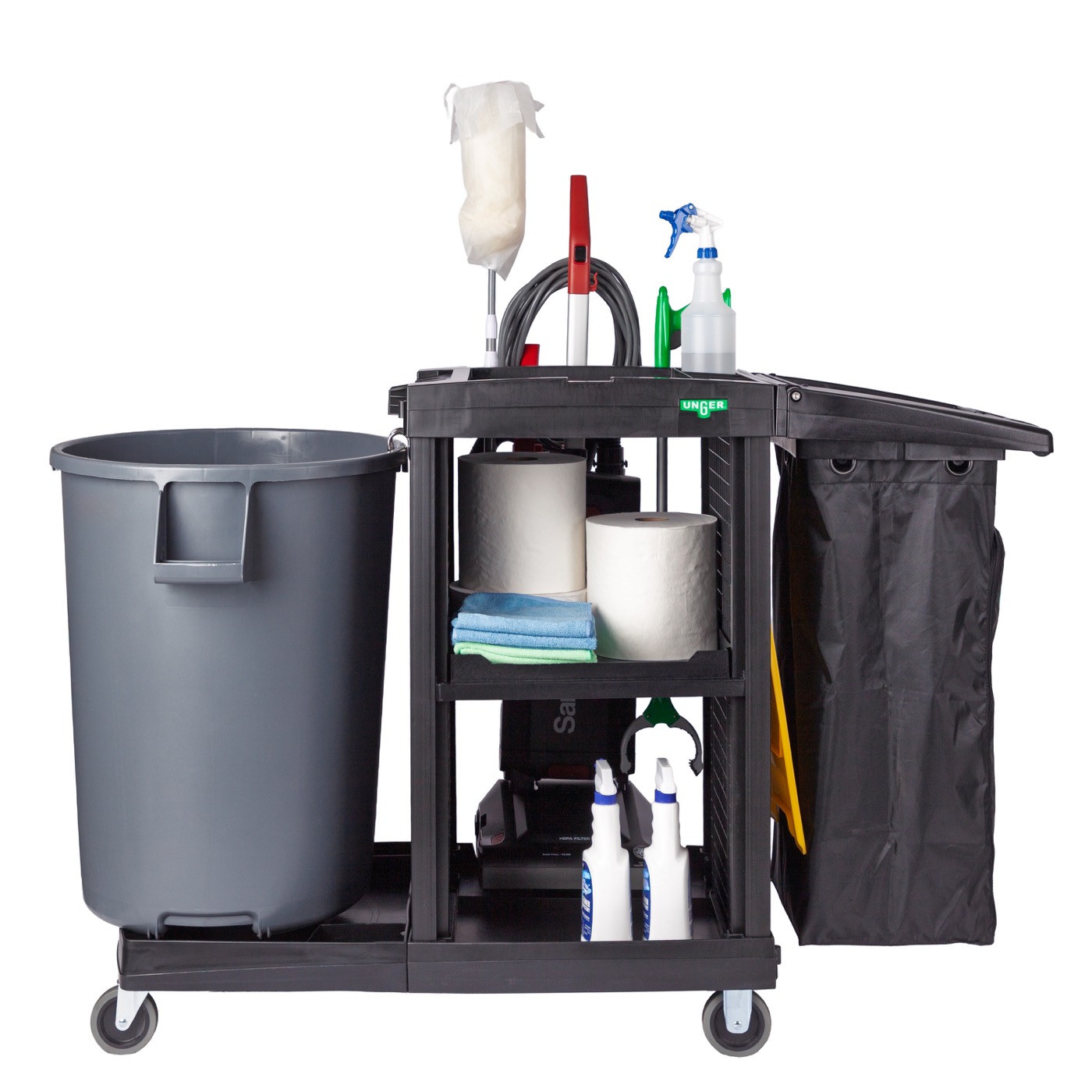 CleanRx cart loaded with tools, liners, and a waste container
